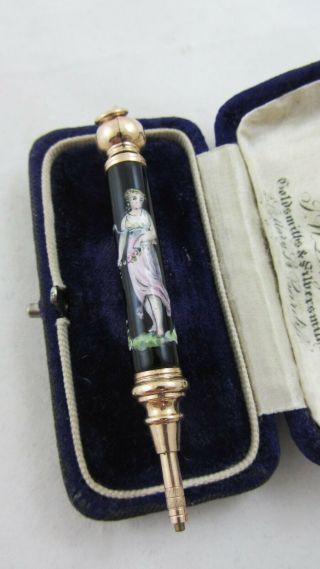 Very Rare French Painted Enamel And Gold Propelling Telescopic Pencil C1870