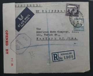 Rare 1942 Palestine Registd Censor Cover Ties 2 Stamps Canc Jerusalem