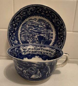 Antique Vintage Olde Historical Pottery Staffordshire Flow Blue Big Cup & Saucer