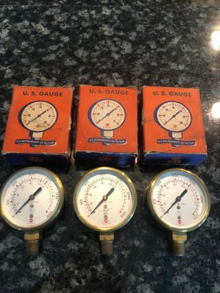 3 RARE 1940 ' S ERA STEAM PUNK STATIONARY BRASS US GAUGE CO 3000 PSI WITH BOXES 2