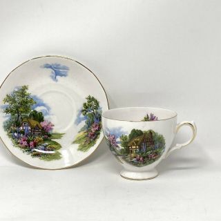 Vintage Royal Vale England Bone China Cup & Saucer Country Cottage Florals Woods