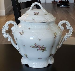 Antique Victoria Carlsbad Austria Portrait Biscuit Jar Or Sugar Bowl Rosebuds