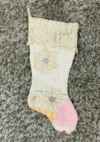 Vintage Upcycled Christmas Stocking Made From Antique Quilt Primitive Lace Cuff