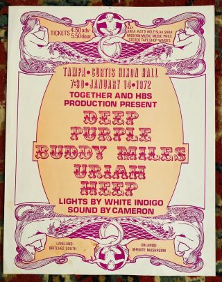Deep Purple Buddy Miles Uriah Heep Tampa Fla Concert Poster 1972 Very Rare