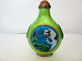 Vintage Antique Chinese Copper Green Painted Snuff Perfume Bottle Agate Stopper