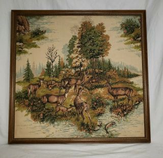 Vintage 3d Raised Relief Fabric Deer Framed Art Picture Mid Century 1030
