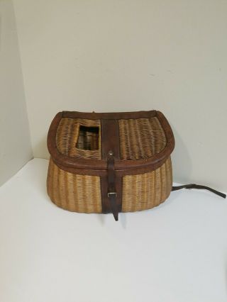 Vintage Wicker Leather Fishing Creel Basket Cabin Decor