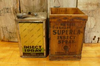 Rare Standard Oil Co Superla 5 Gallon Insect Spray Metal Oil Can W/ Wood Crate