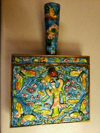 Antique Chinese Brass Enamel Cloisonne Crumb And/or Ash Tray Catcher With Handle