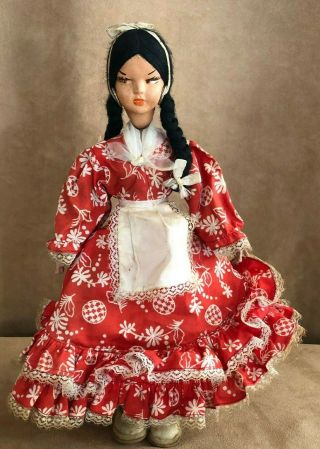 12 " South America Folk Art Doll Vintage Red Dress Woman Girl Dark Hair Latin