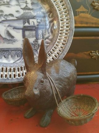 Timeless Rare Traditional English Cast Bronze Rabbit Hare Bunny Yoked Baskets