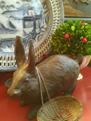 Timeless Rare Traditional English Cast Bronze Rabbit Hare Bunny Yoked Baskets 2