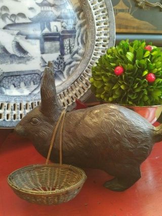 Timeless Rare Traditional English Cast Bronze Rabbit Hare Bunny Yoked Baskets 3