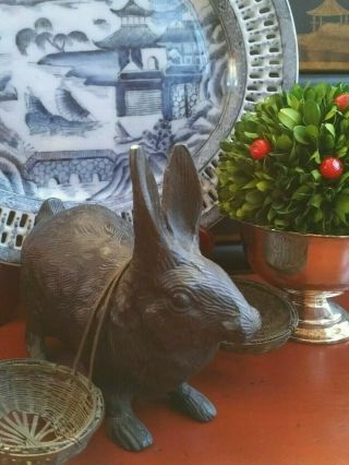 Timeless Rare Traditional English Cast Bronze Rabbit Hare Bunny Yoked Baskets 5