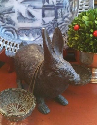 Timeless Rare Traditional English Cast Bronze Rabbit Hare Bunny Yoked Baskets 6