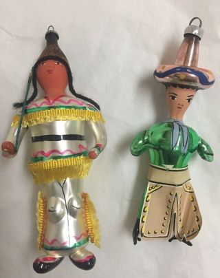 Antique Hand Blown Glass Ornaments - Cowboy And Indian Very Old & Rare De Carlini?