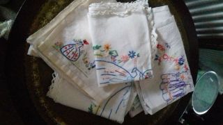 Bundle Of Vintage Embroidered Crinoline Lady Design Linens - For Projects
