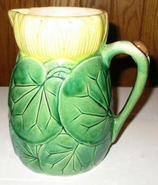 Antique Majolica Green Leaf Yellow Top Pottery Pitcher