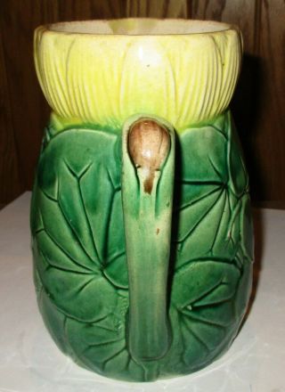 Antique Majolica Green Leaf Yellow Top Pottery Pitcher 3