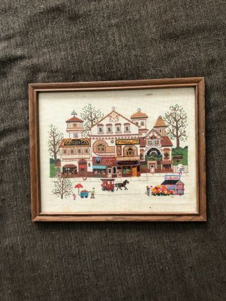 Finished And Framed Antique Small Town Cross Stitch Piece