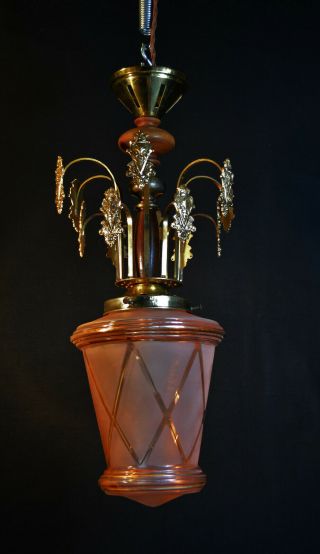 Rare 1940s Art Deco Brass,  Tint Frosted Gilt Glass & Teak Light Pendant Lantern