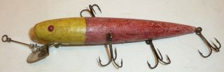 Vintage Wooden 4 Hook 5 1/2 Inch Lure Red Eye White Head Red Body Finish