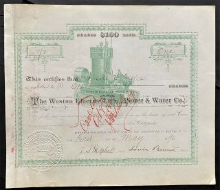 Weston Electric Light,  Power & Water Co Stock 1896 Wv.  Edison Generator Rare Vf,
