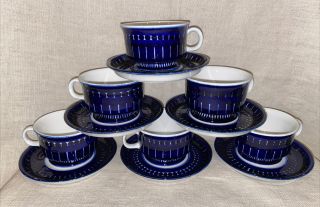 Rare Vintage Arabia Footed Cup & Saucer Finland “valencia” Blue Ulla Procope X 6