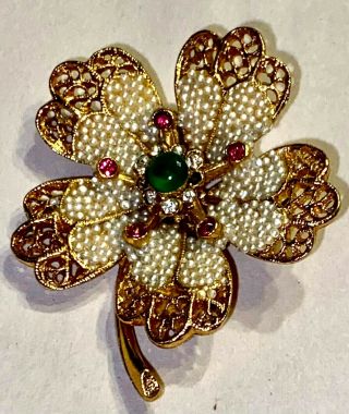 Vintage Signed Bsk Rhinestone Flower Brooch Pin 1 3/4 " Long Antique Gorgeous