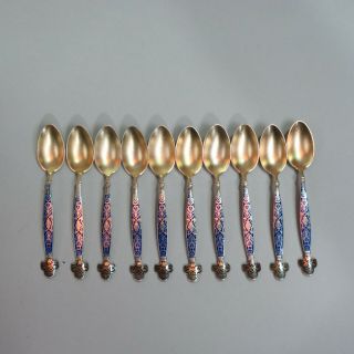 10 Rare Gorham Sterling Enameled Spoons 1890 