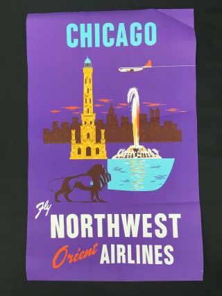 Vintage 1955 Northwest Orient Airlines Chicago Travel Poster Mcm Rare