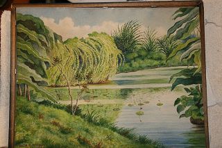 Vintage Watercolor Of A Pond By Oscar G.  Peterson Circa 1949