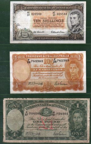 Australia 10 Shilling,  10 Shillings,  1 Pound 1961 Xf - Vf Rare