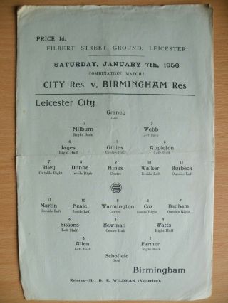 Rare 1955/56 Season Leicester City Res V Birmingham City Res 7th January 1956