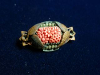 Antique Signed Victorian Carved Coral Color Cameo Brooch Pin Faux Seed Pearls