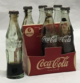 Vtg Rare Coca Cola Mini Glass Bottles Metal Cap Carrier Bill 