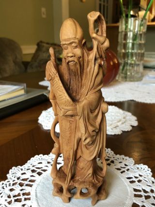 Fine Carved / Boxwood Teakwood / Chinese " Wise Old Man " / Size: 8 " Tall