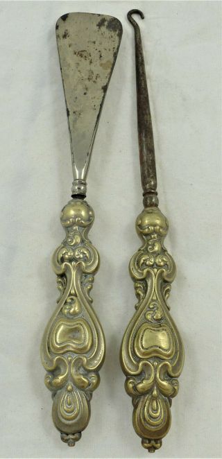 Matching Late Victorian Rococo Style Silver Plated Shoe Horn And Button Hook