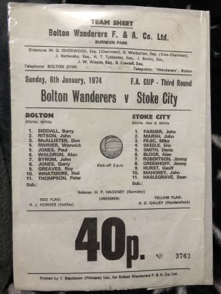 Very Rare Bolton Wanders V Stoke City 1974