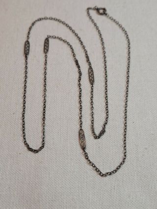 Vintage Antique Sterling Silver Long Chain Necklace Old Clasp Filigree Stations