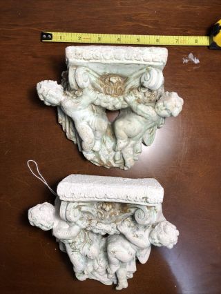 Antique Pair Naked Cherub Angel Heart Wall Shelf Sconce Set French Provincial