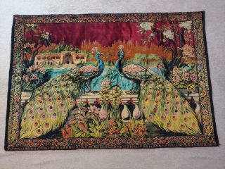 Vintage Turkish Tapestry Wall Illustrated Twin Peacocks 71 1/2 " X 41 "