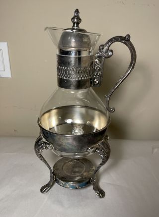 Vintage Silverplate Glass Coffee Decanter Pot Tea Warmer With Stand