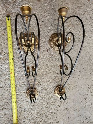 A Pair Mid Century Modern Wrought Iron And Brass Candle Wall Sconces