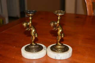 2 Solid Brass Pairpoint Cherubs Holding A Bowl On Marble Base C1424 - 6 Inch