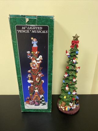 Vintage 16 " Lighted Pencil Musicals Christmas Tree Elves Rare Collectible