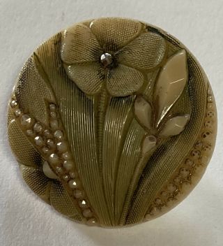 Antique Vintage Victorian Caramel Lacy Glass Button W/ Flower & Silver Luster