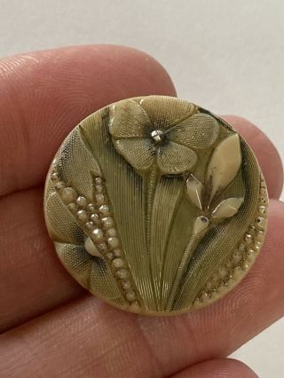 Antique Vintage Victorian Caramel Lacy Glass Button W/ Flower & Silver Luster 2