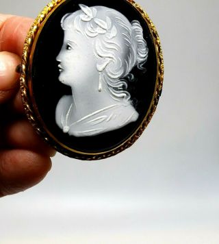 Antique 1930s Brass Black Molded Glass Cameo Portrait Mourning Brooch