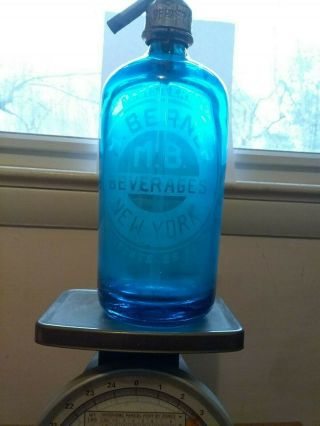 Antique M Berner Blue Glass M.  B.  Beverages.  N.  Y.  Syphon Seltzer Bottle 26 Fl.  Oz